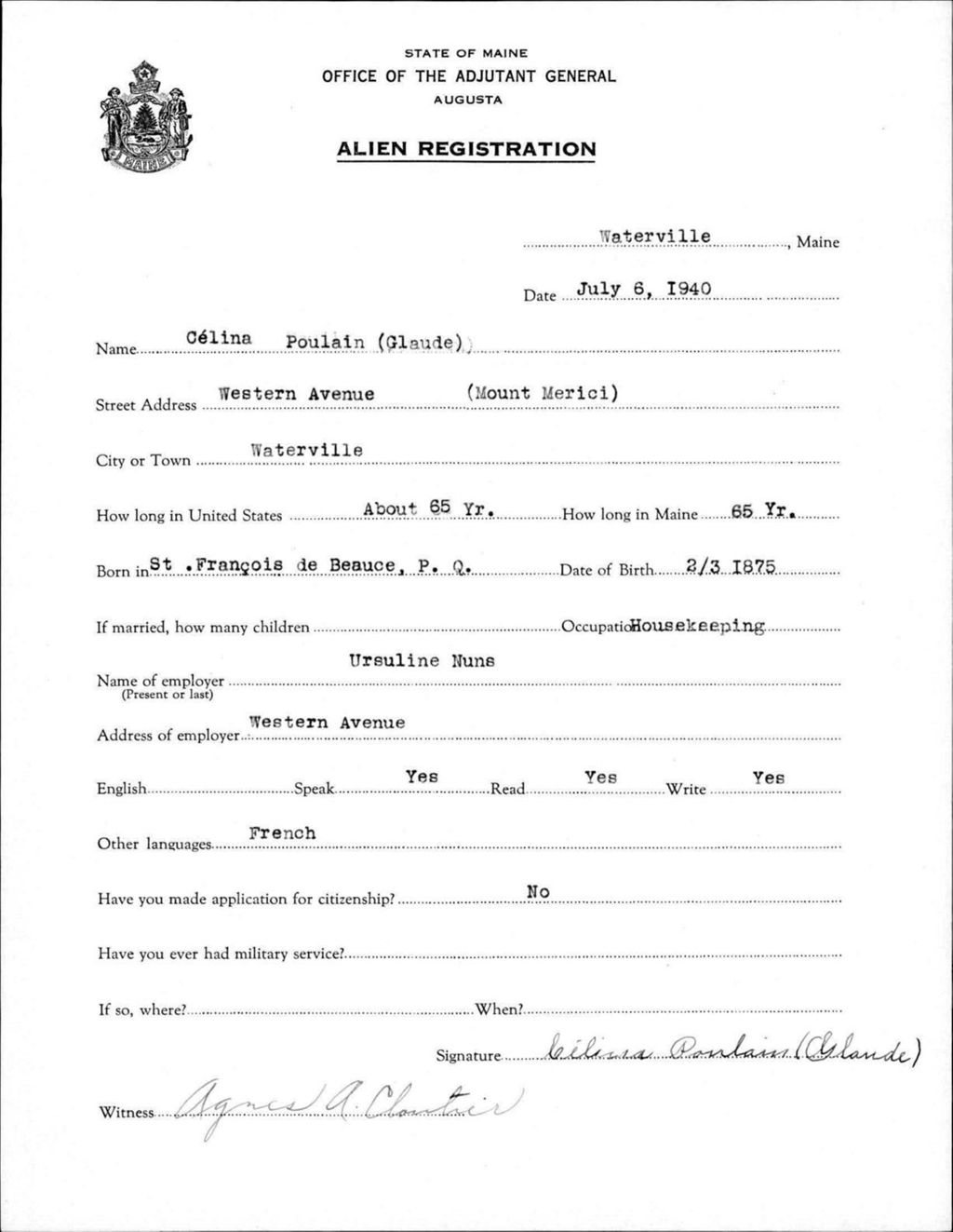 Miniature of Alien Registration- Poulain (Glaude), Celina (Waterville, Kennebec County)