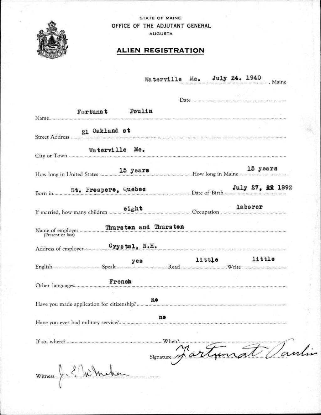 Miniature of Alien Registration- Poulin, Fortunat (Waterville, Kennebec County)