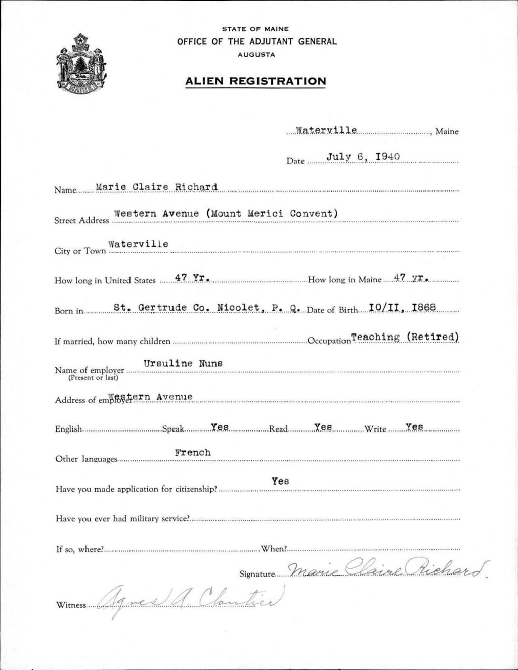 Miniature of Alien Registration- Richard, Marie Claire (Waterville, Kennebec County)