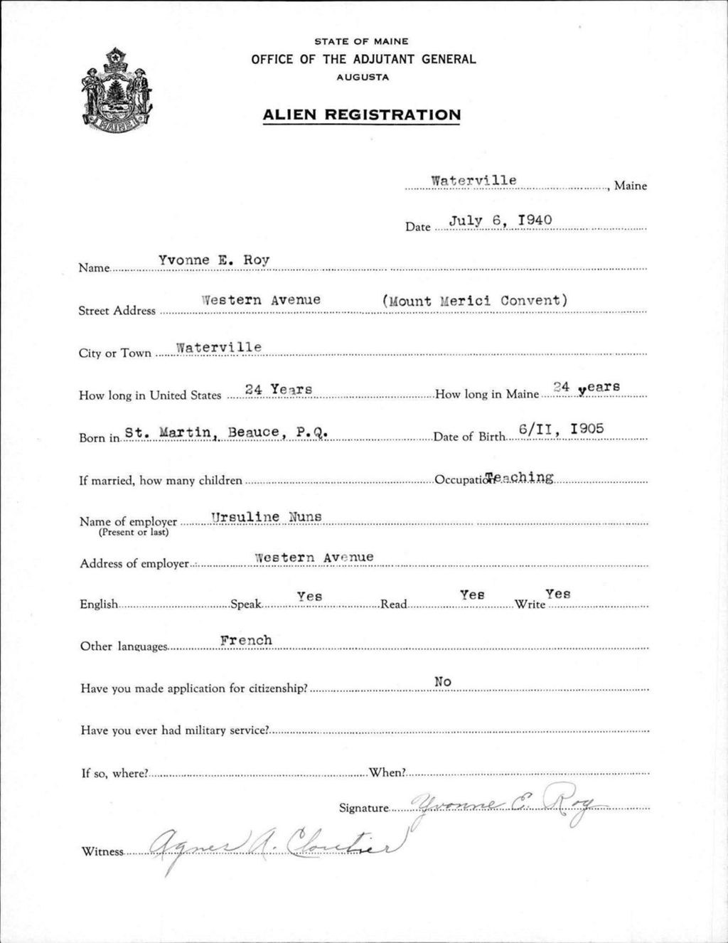Miniature of Alien Registration- Roy, Yvonne E. (Waterville, Kennebec County)
