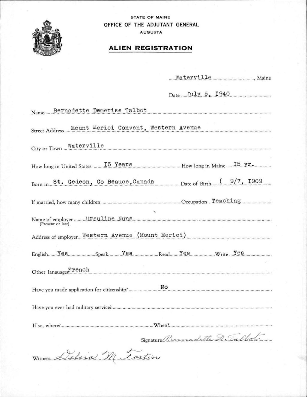 Miniature of Alien Registration- Talbot, Bernadette Demerise (Waterville, Kennebec County)