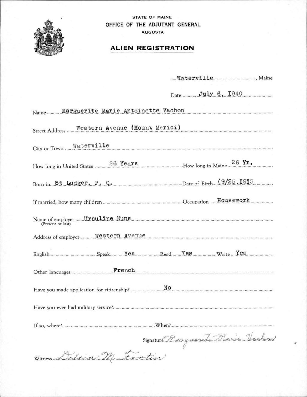 Miniature of Alien Registration- Vachon, Marguerite Marie Antoinette (Waterville, Kennebec County)