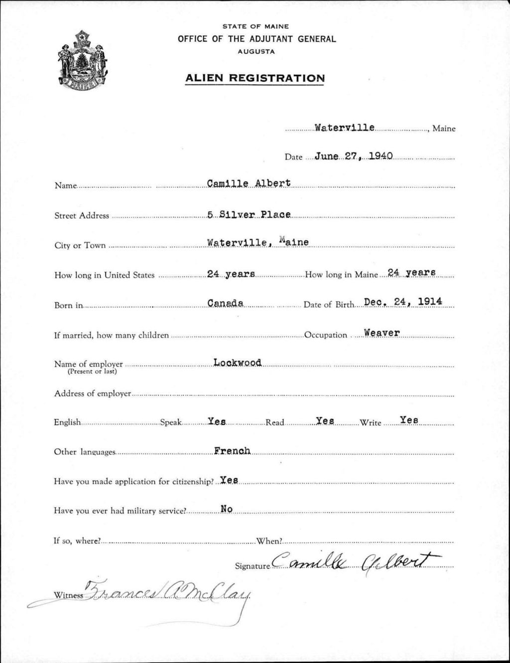 Miniature of Alien Registration- Albert, Camille (Waterville, Kennebec County)