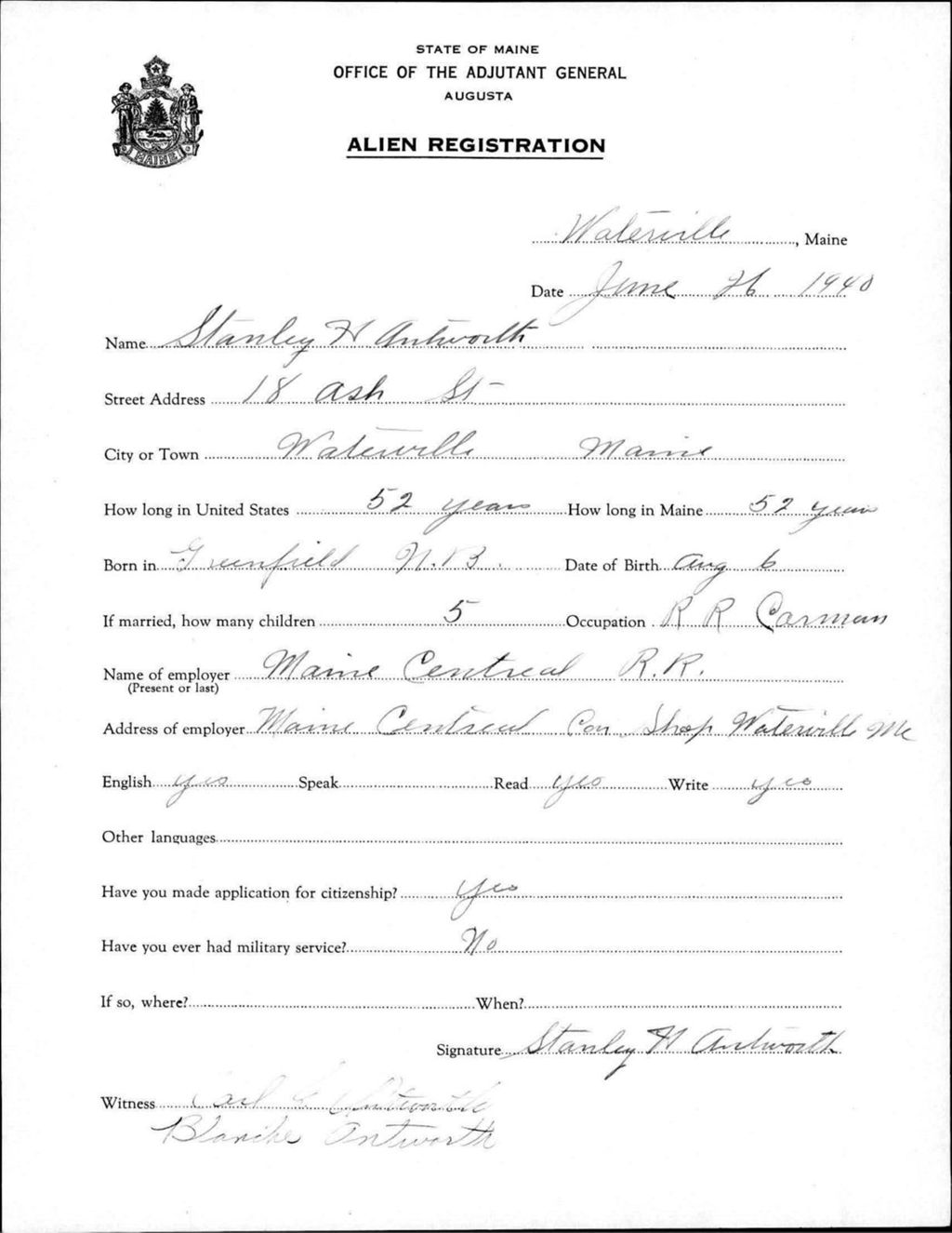 Miniature of Alien Registration- Antworth, Stanley H. (Waterville, Kennebec County)
