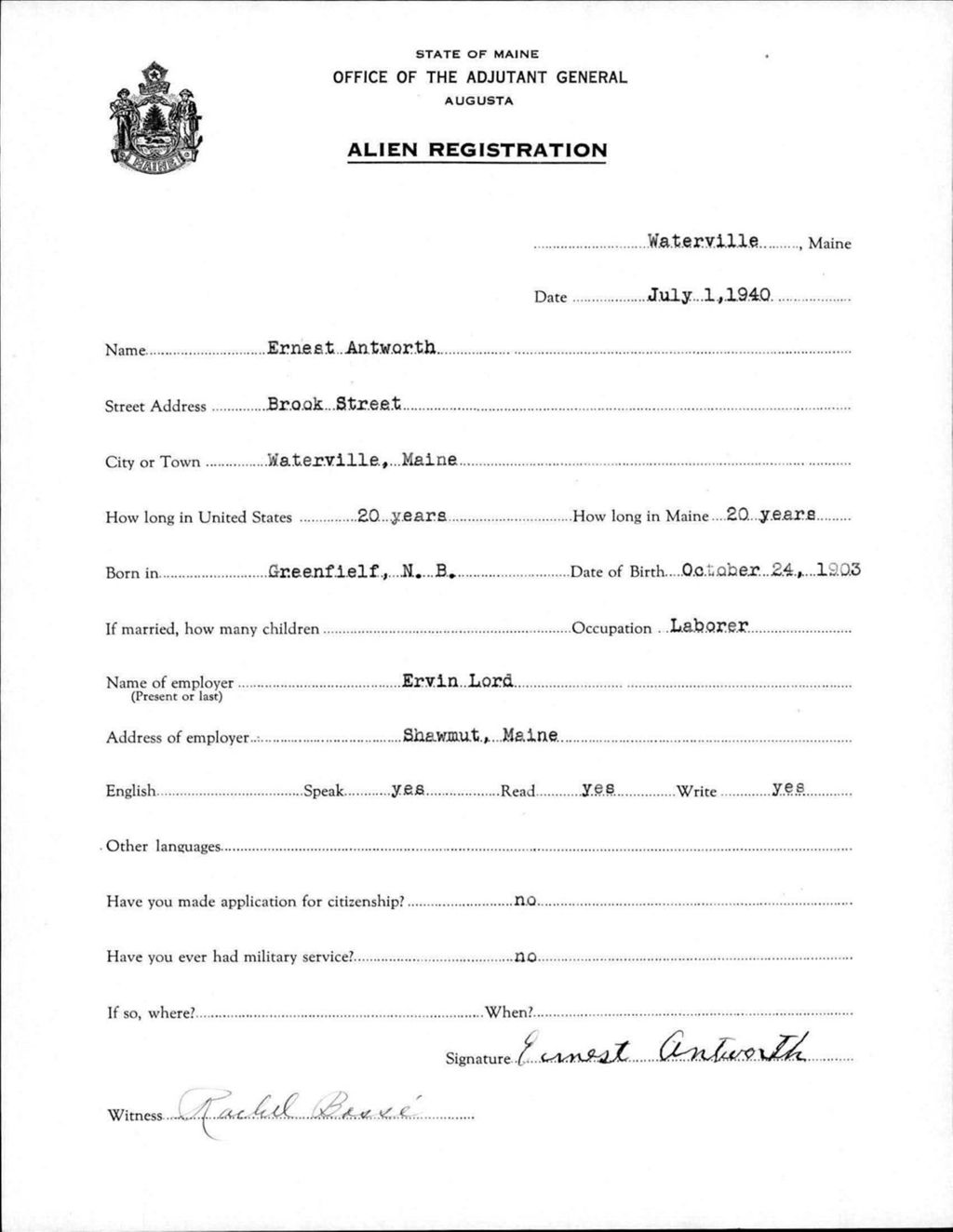 Miniature of Alien Registration- Antworth, Ernest (Waterville, Kennebec County)