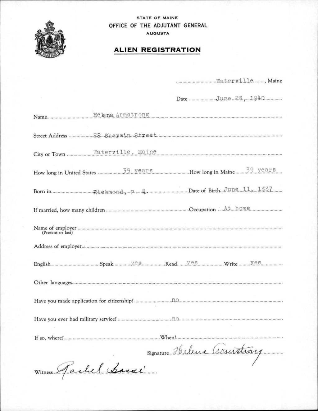 Miniature of Alien Registration- Armstrong, Helena (Waterville, Kennebec County)