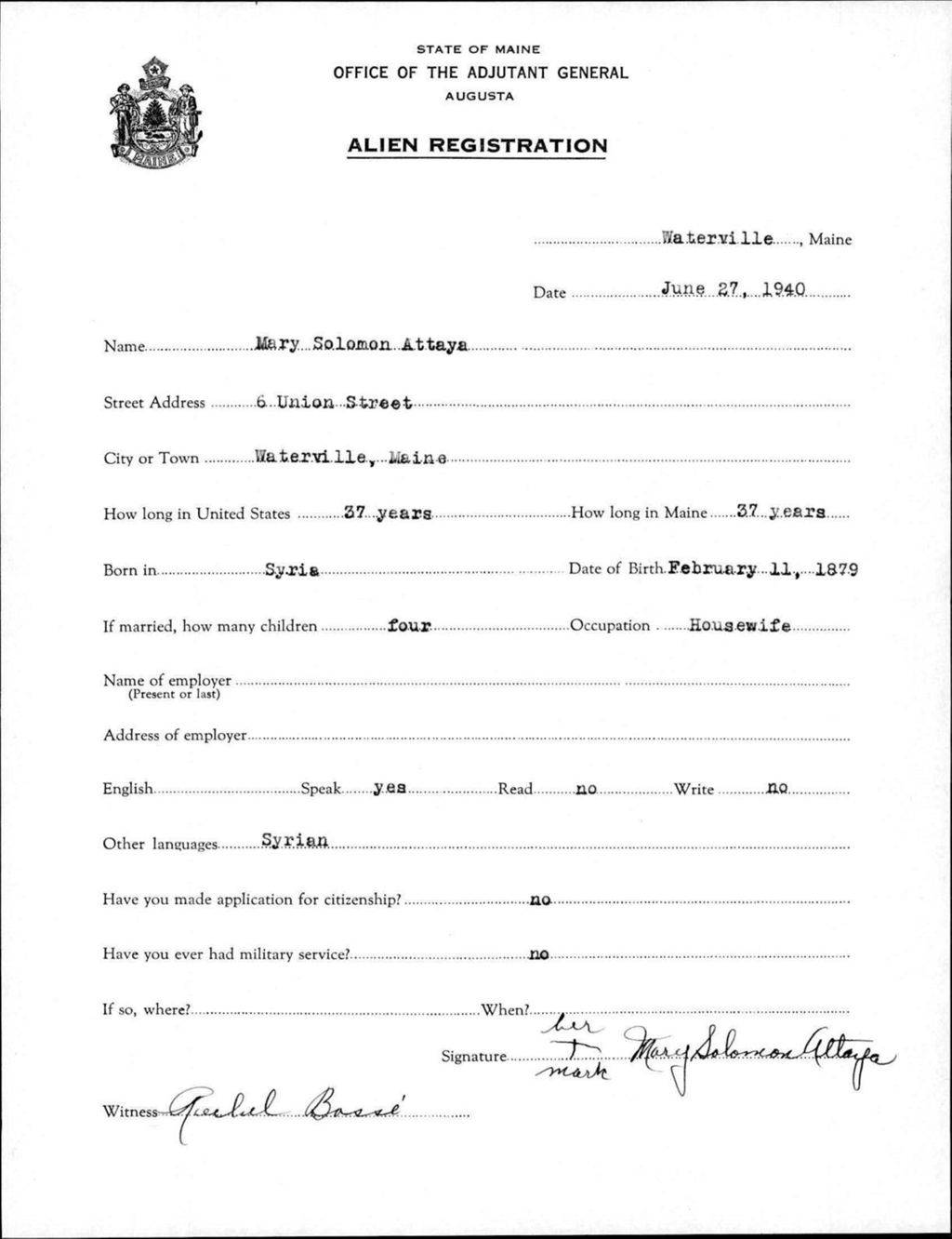 Miniature of Alien Registration- Solomon, Mary (Waterville, Kennebec County)