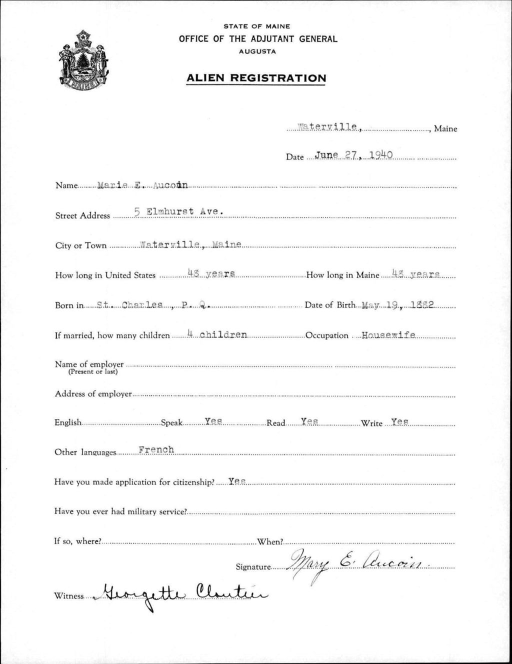 Miniature of Alien Registration- Aucoin, Marie E. (Waterville, Kennebec County)