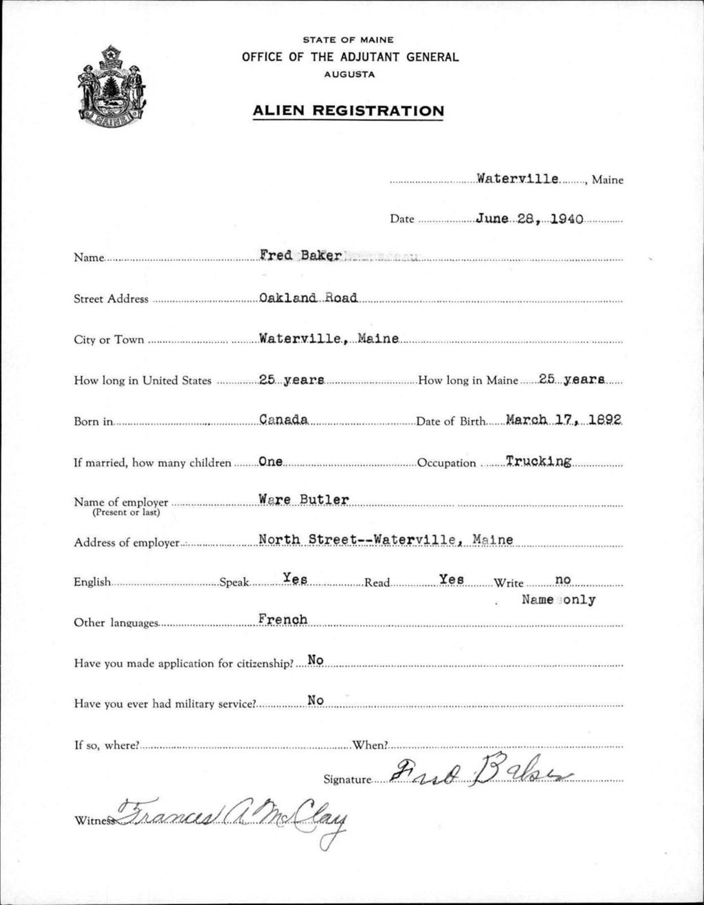 Miniature of Alien Registration- Baker, Fred (Waterville, Kennebec County)