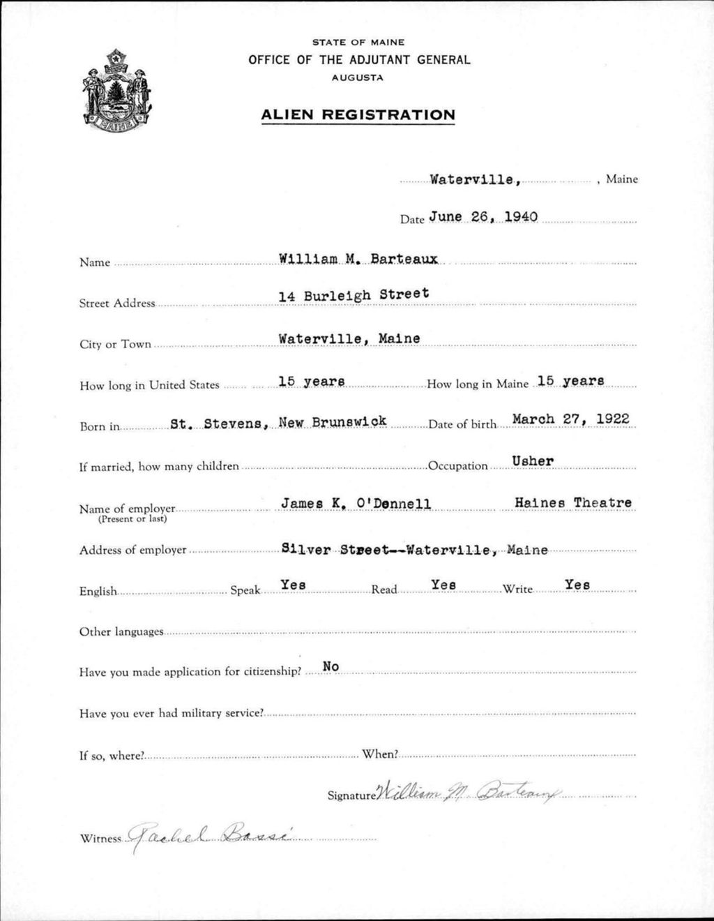 Miniature of Alien Registration- Barteaux, William (Waterville, Kennebec County)