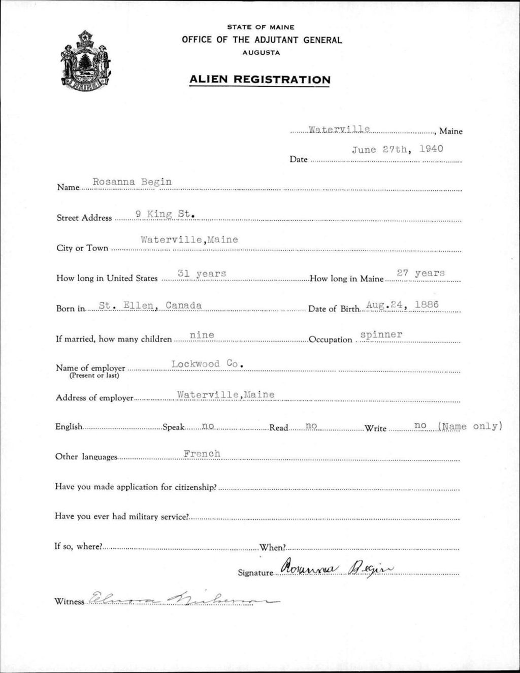 Miniature of Alien Registration- Begin, Rosanna (Waterville, Kennebec County)