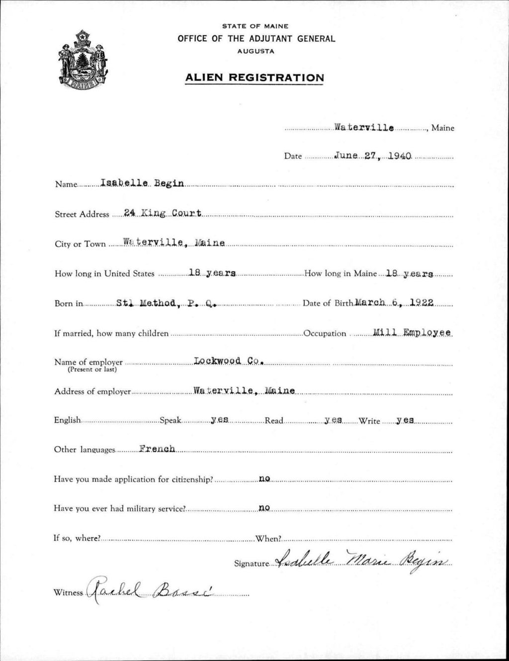 Miniature of Alien Registration- Begin, Isabelle (Waterville, Kennebec County)