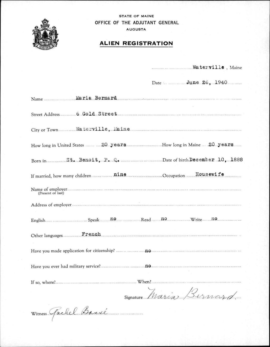 Miniature of Alien Registration- Bernard, Maria (Waterville, Kennebec County)