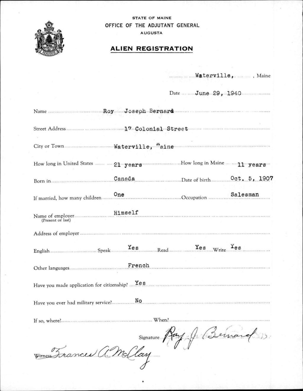Miniature of Alien Registration- Bernard, Roy J. (Waterville, Kennebec County)