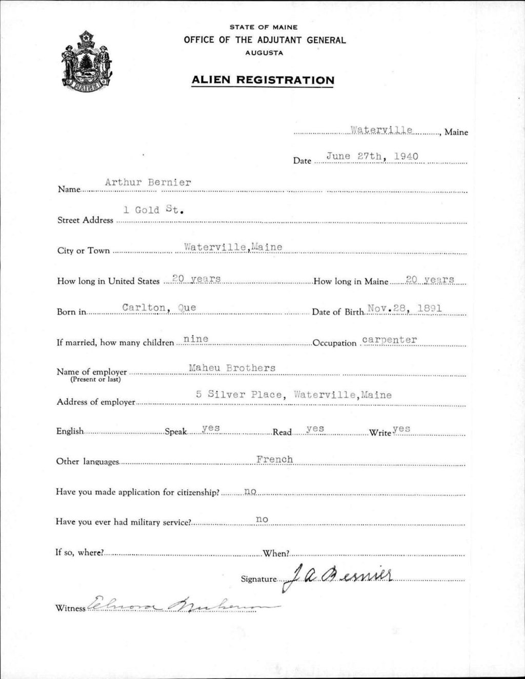 Miniature of Alien Registration- Bernier, Arthur (Waterville, Kennebec County)