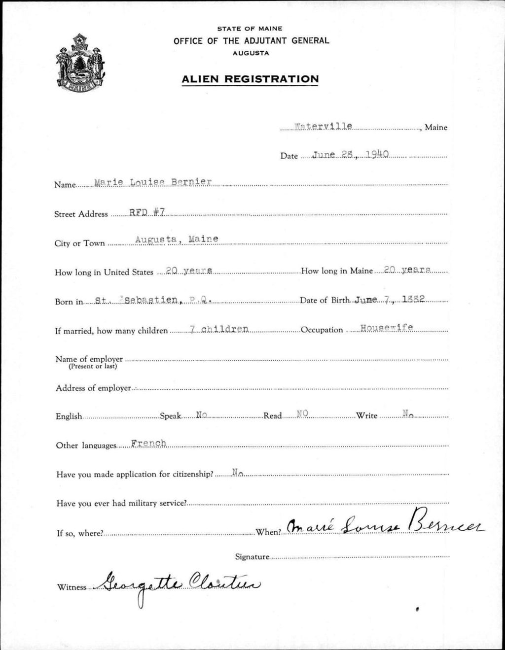 Miniature of Alien Registration- Bernier, Marie L. (Waterville, Kennebec County)