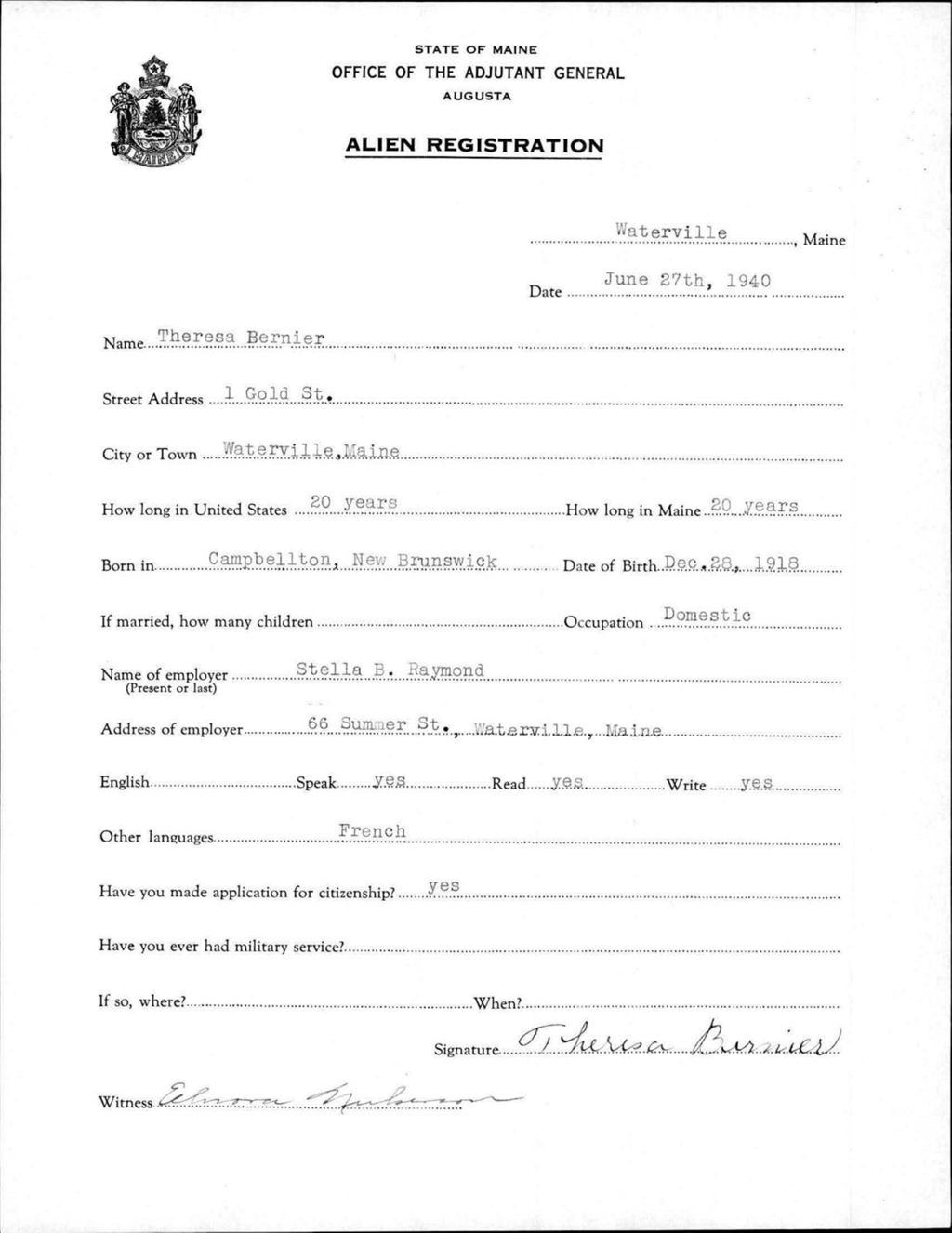 Miniature of Alien Registration- Bernier, Theresa (Waterville, Kennebec County)
