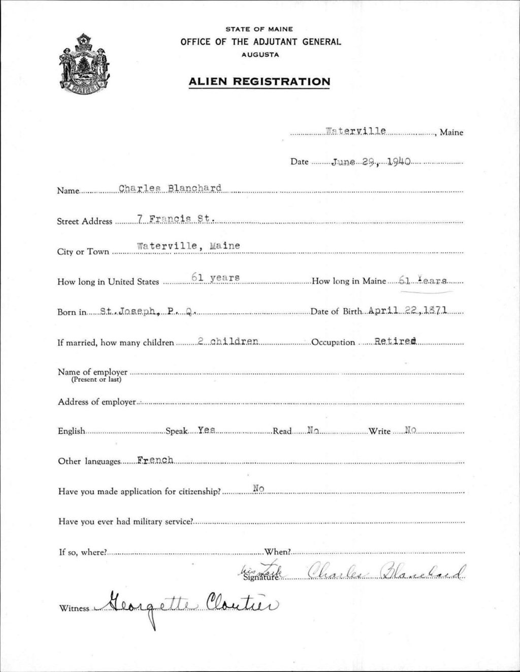 Miniature of Alien Registration- Blanchard, Charles (Waterville, Kennebec County)