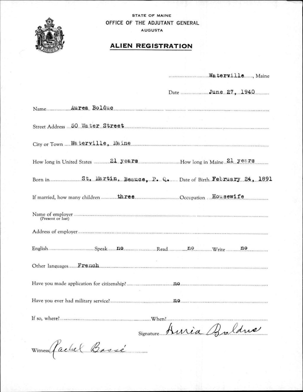 Miniature of Alien Registration- Bolduc, Aurea (Waterville, Kennebec County)