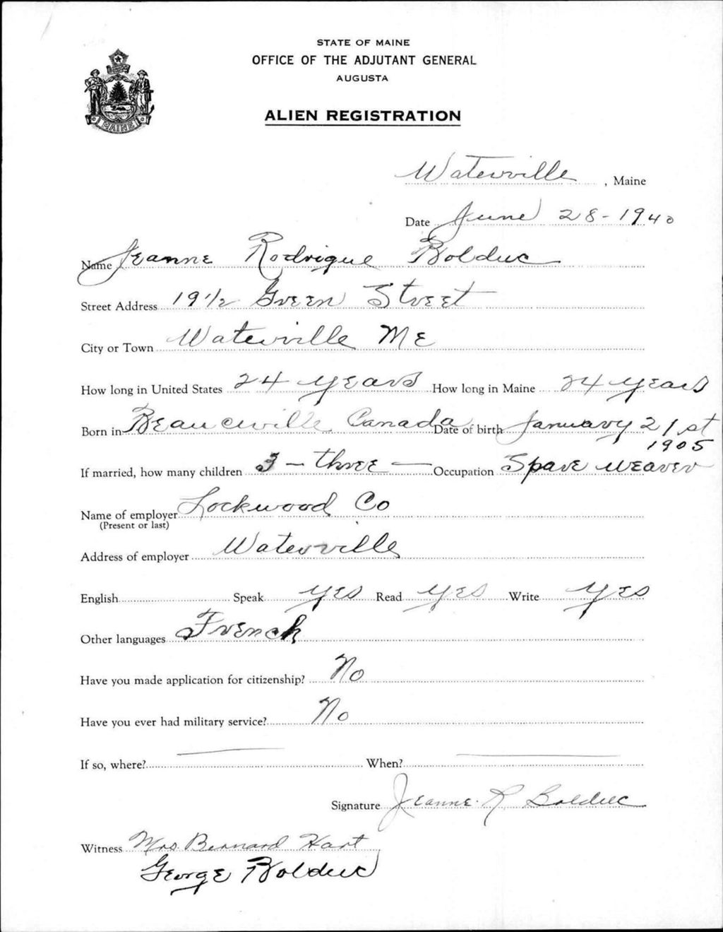 Miniature of Alien Registration- Rodrigue, Jeanne (Waterville, Kennebec County)
