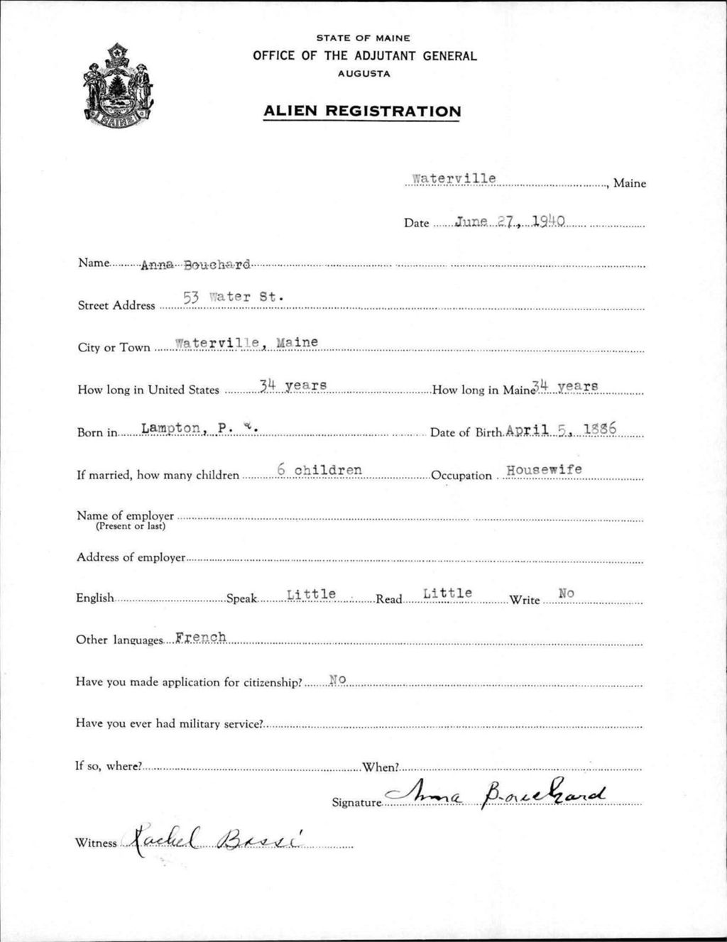Miniature of Alien Registration- Bouchard, Anna (Waterville, Kennebec County)