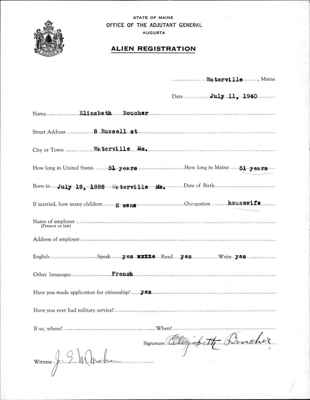 Miniature of Alien Registration- Boucher, Elizabeth (Waterville, Kennebec County)