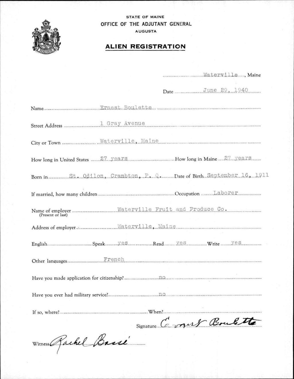 Miniature of Alien Registration- Boulette, Ernest (Waterville, Kennebec County)