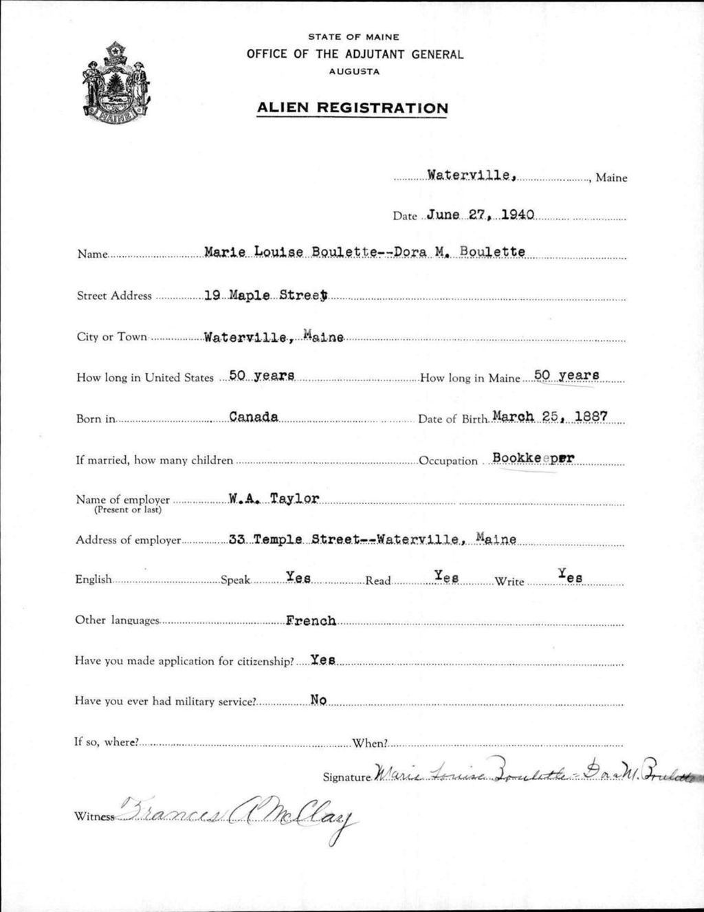 Miniature of Alien Registration- Boulette, Marie L. (Waterville, Kennebec County)
