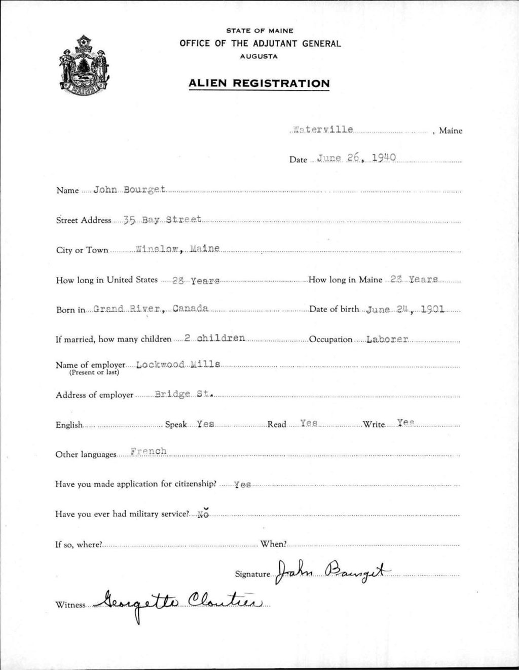 Miniature of Alien Registration- Bourget, John (Waterville, Kennebec County)