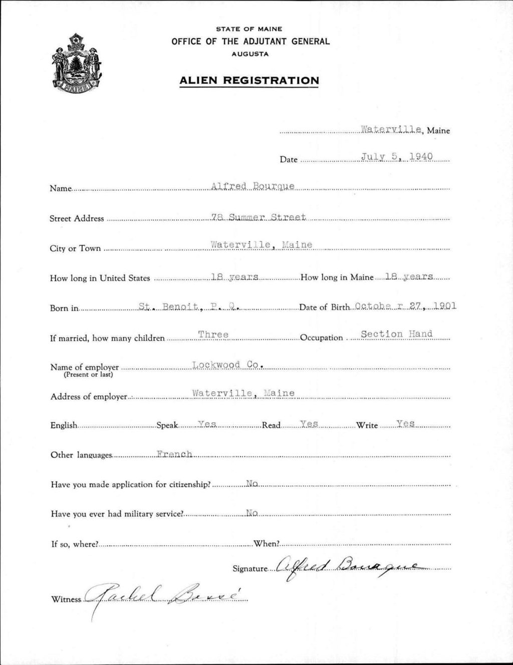 Miniature of Alien Registration- Bourque, Alfred (Waterville, Kennebec County)