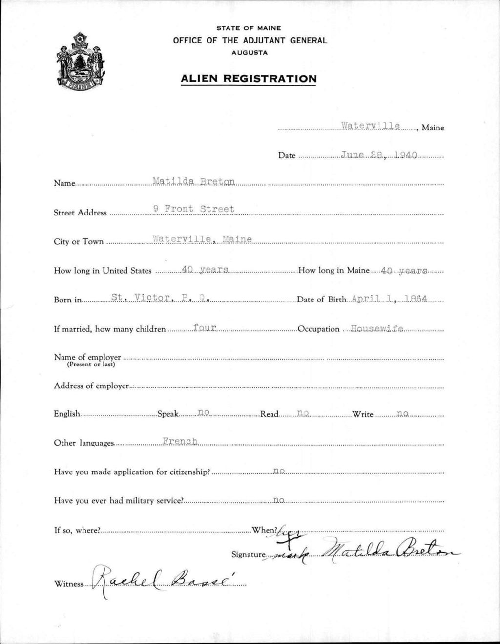 Miniature of Alien Registration- Breton, Matilda (Waterville, Kennebec County)