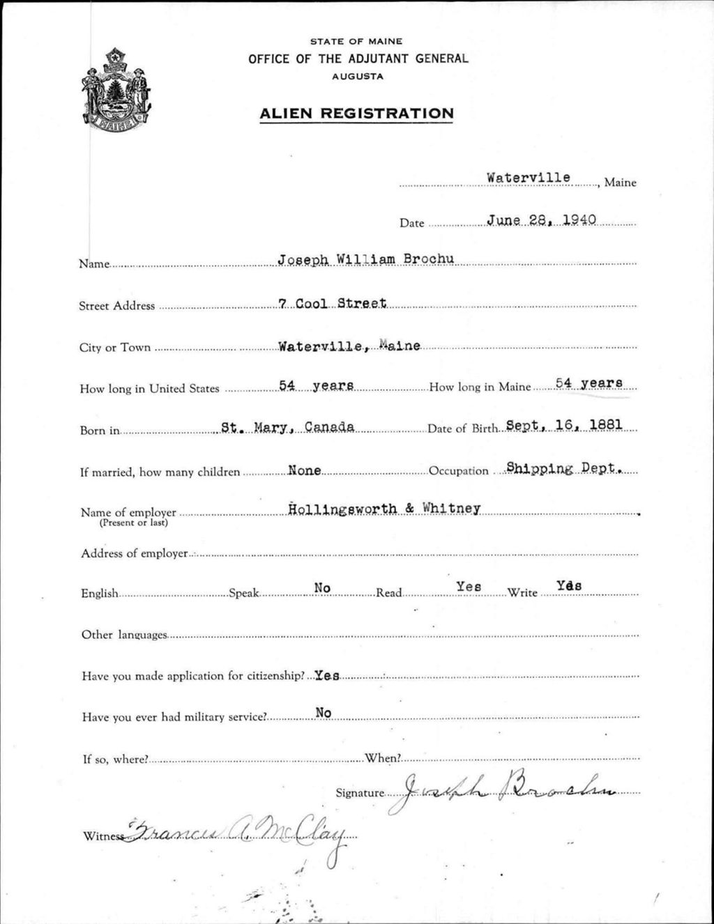 Miniature of Alien Registration- Brochu, Joseph W. (Waterville, Kennebec County)