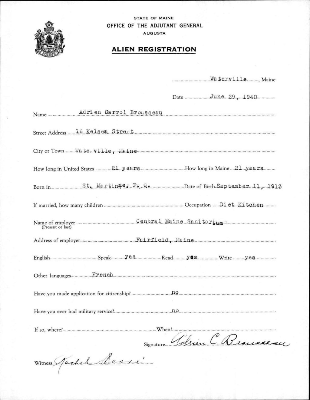 Miniature of Alien Registration- Brousseau, Adrien C. (Waterville, Kennebec County)