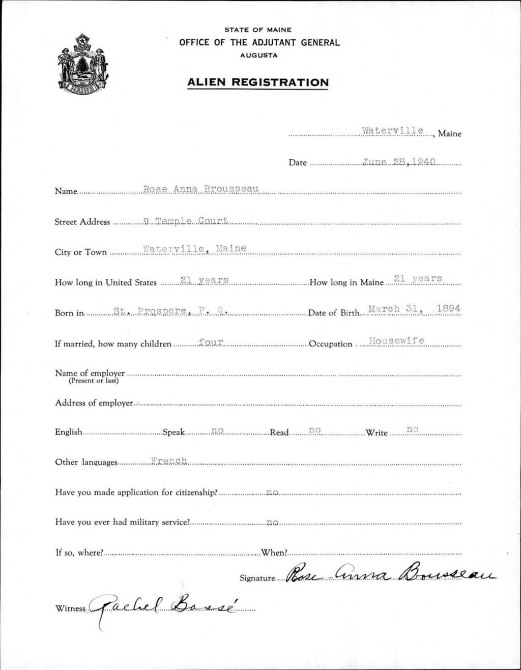 Miniature of Alien Registration- Brousseau, Rose A. (Waterville, Kennebec County)