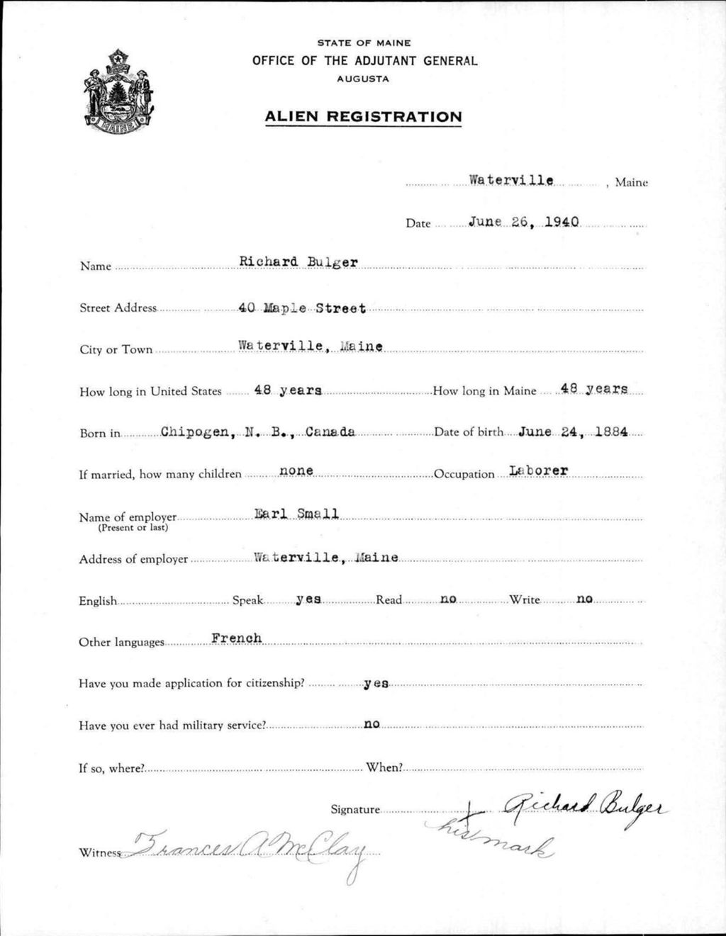 Miniature of Alien Registration- Bulger, Richard (Waterville, Kennebec County)
