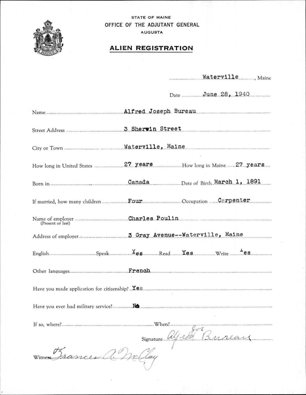 Miniature of Alien Registration- Bureau, Alfred J. (Waterville, Kennebec County)