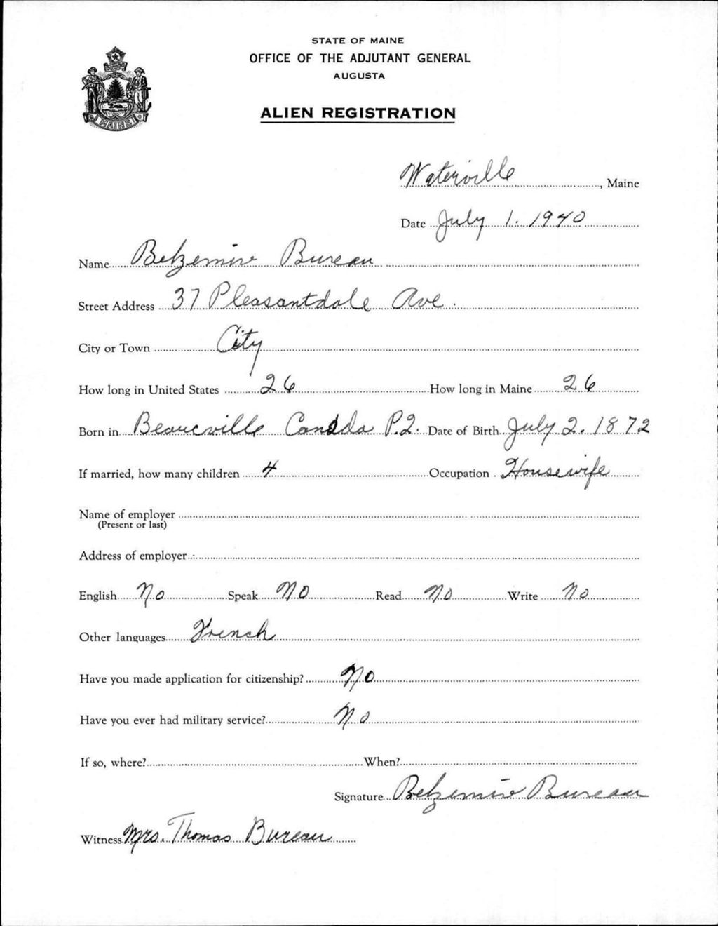 Miniature of Alien Registration- Bureau, Belzemine (Waterville, Kennebec County)
