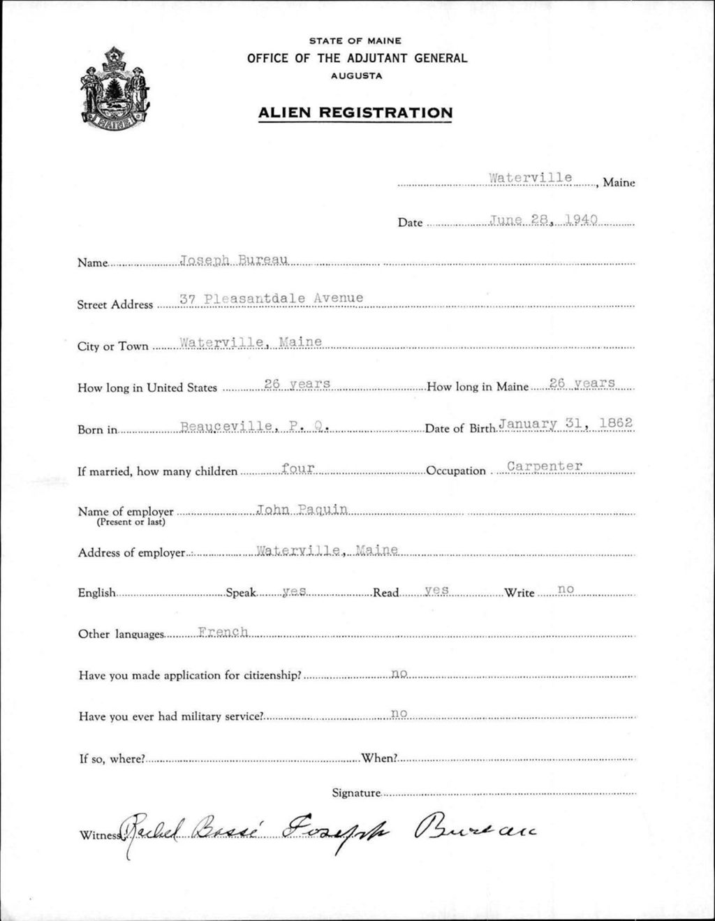 Miniature of Alien Registration- Bureau, Joseph (Waterville, Kennebec County)