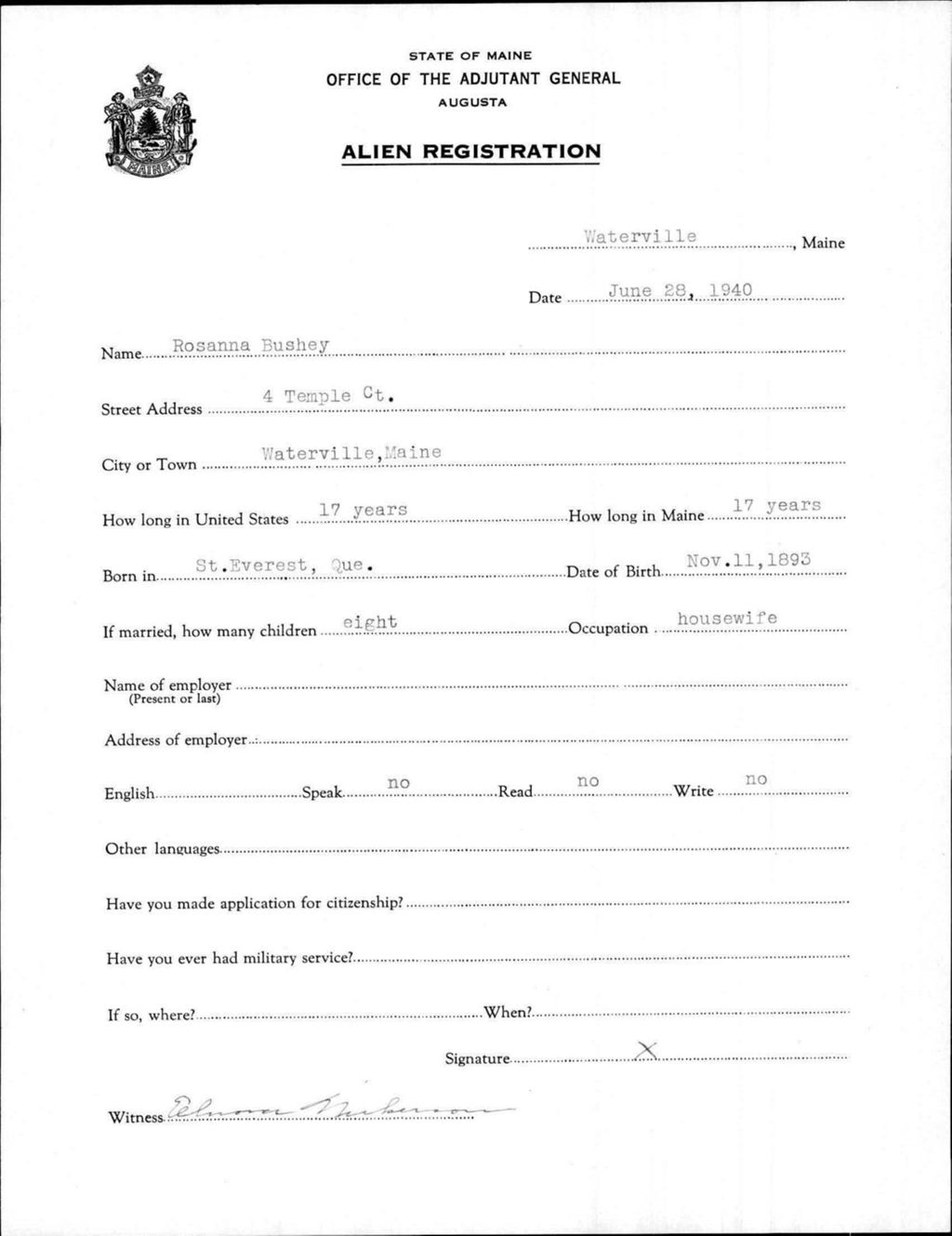 Miniature of Alien Registration- Bushey, Rosanna (Waterville, Kennebec County)