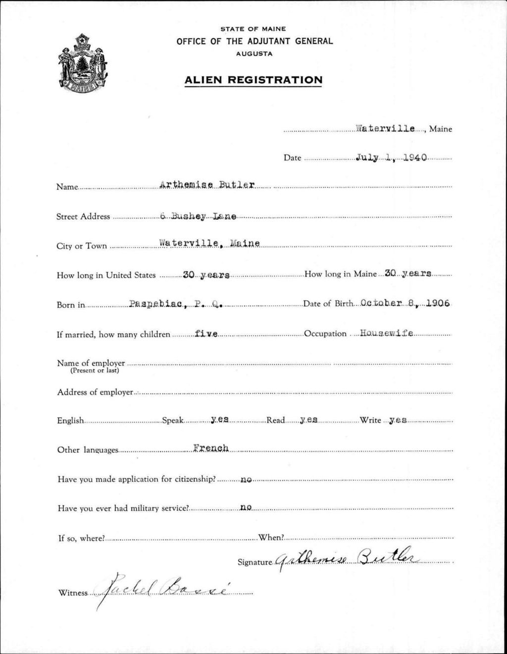 Miniature of Alien Registration- Butler, Arthemise (Waterville, Kennebec County)