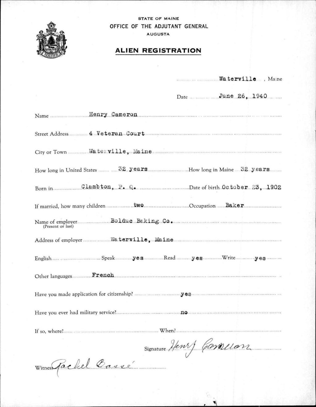 Miniature of Alien Registration- Cameron, Henry (Waterville, Kennebec County)