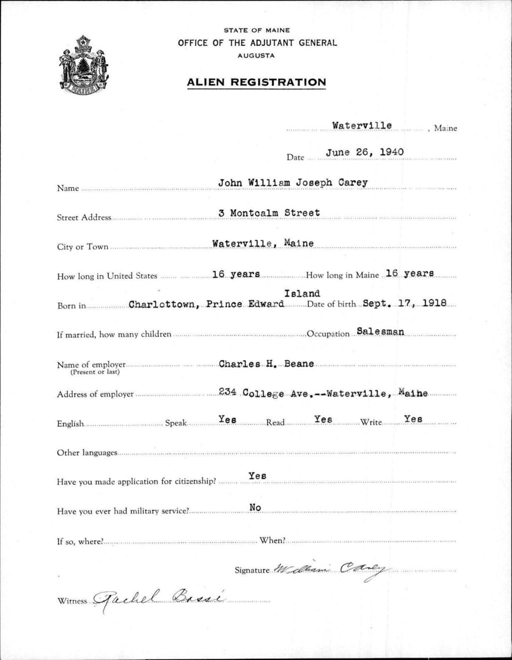 Miniature of Alien Registration- Carey, John William J. (Waterville, Kennebec County)