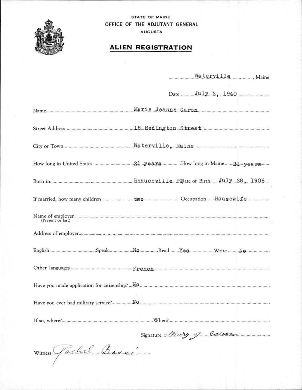 Miniature of Alien Registration- Caron, Marie J. (Waterville, Kennebec County)