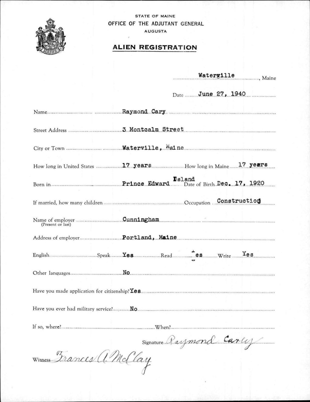 Miniature of Alien Registration- Cary, Raymond (Waterville, Kennebec County)