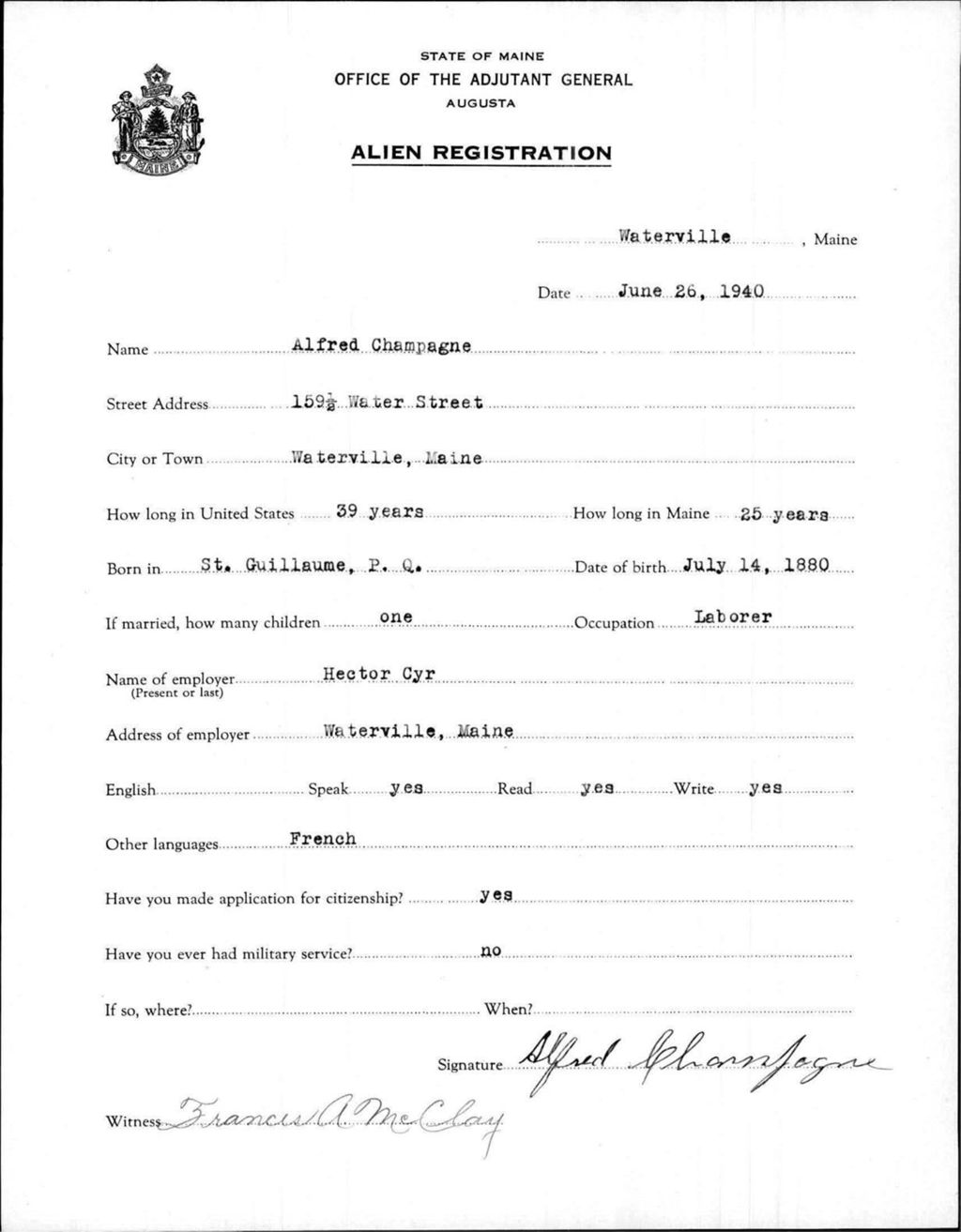 Miniature of Alien Registration- Champagne, Alfred (Waterville, Kennebec County)