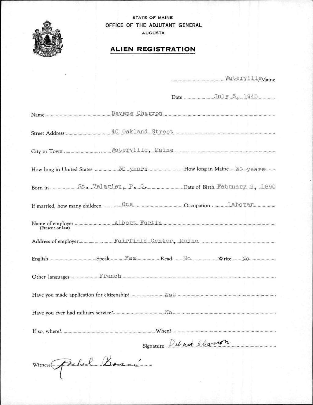 Miniature of Alien Registration- Charron, Devene (Waterville, Kennebec County)