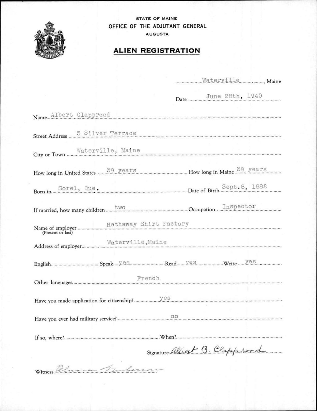 Miniature of Alien Registration- Clapprood, Albert (Waterville, Kennebec County)
