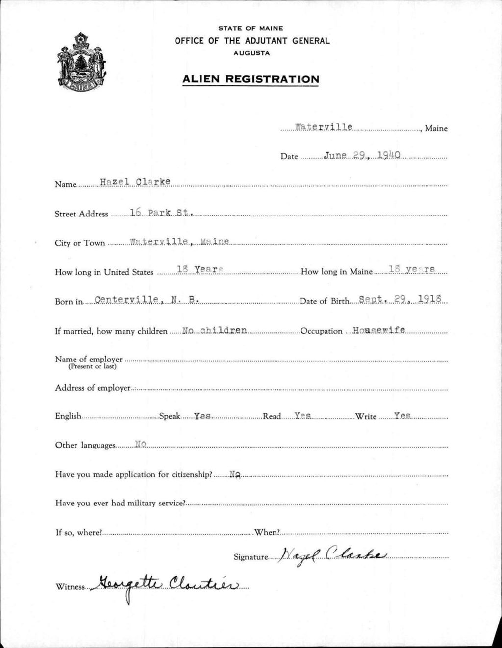Miniature of Alien Registration- Clarke, Hazel (Waterville, Kennebec County)