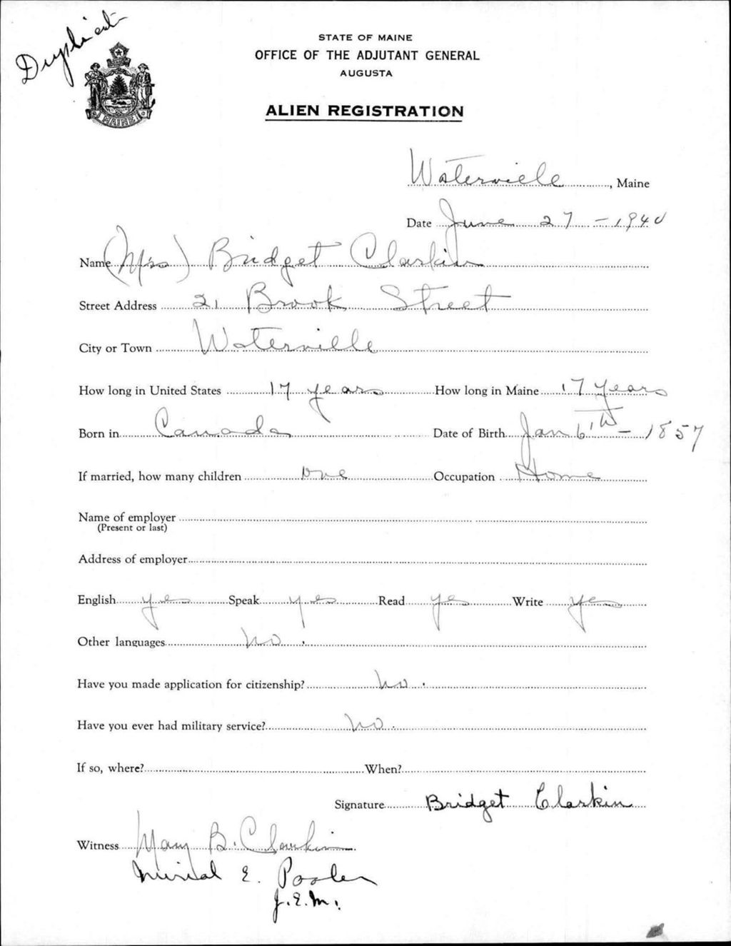 Miniature of Alien Registration- Clarkin, Briget (Waterville, Kennebec County)