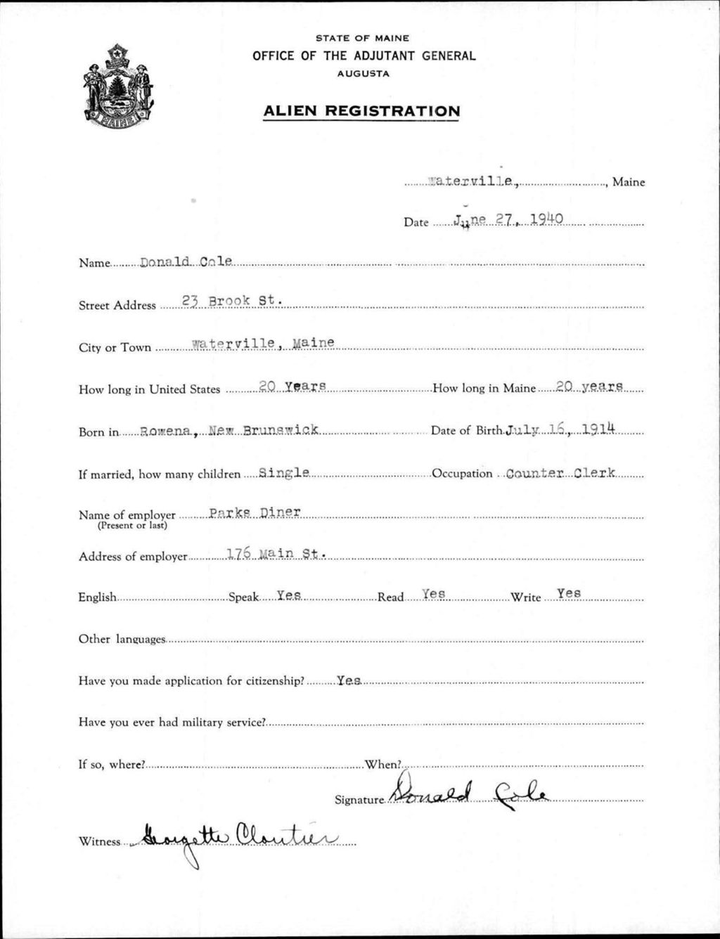 Miniature of Alien Registration- Cole, Donald (Waterville, Kennebec County)